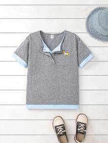 Joliand Joliand 1 件年轻女孩优雅都市休闲百搭狗狗装饰拼布灰色和浅蓝色圆领短袖 T 恤，适合返校、旅行、日常、夏季和秋季 - 彩色 - 查看 7