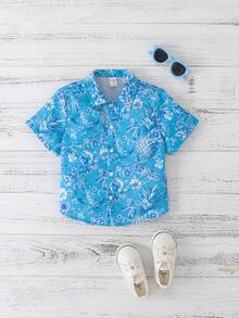 Joliand Joliand 1pc Young Boys Elegant City Vacation Casual Blue Pineapple Floral Print Short Sleeve Shirt, Suitable For Leisure, Daily Wear, Travel, Home, Beach, Summer Young Boys Suit Set Young Boys 3 7yrs Beach - Multicolor - View 2