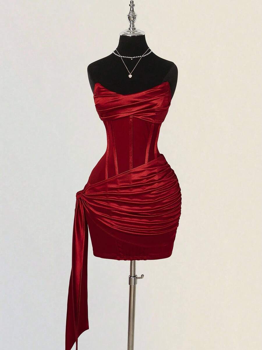 SHEIN ICON 女士时尚性感派对褶饰抹胸迷你连衣裙 - 紅色 - 查看 1