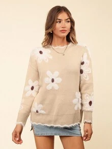 Áo len cổ tròn viền gợn sóng họa tiết hoa lãng mạn dành cho nữ, mùa thu/đông - Nhiều màu - Xem 3