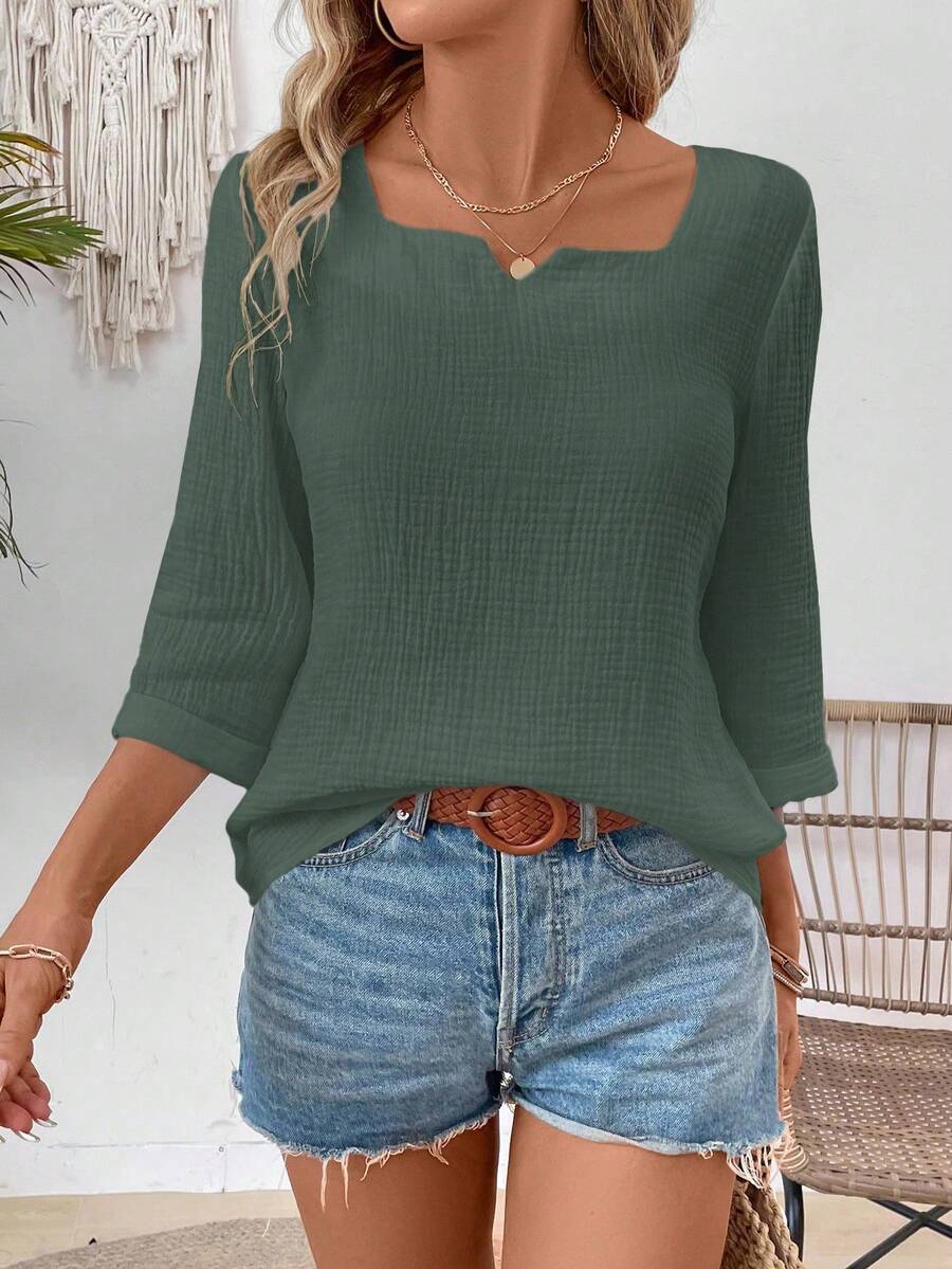 EMERY ROSE 女式纯色七分袖宽松休闲百搭衬衫 - 青碧色 - 查看 1