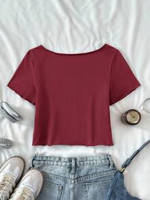 少女休闲红色针织标语露肩印花短款短袖修身上衣，春夏季清凉基础款日常百搭运动时尚夏季上衣，开学季校服~ - 紅色 - 查看 2