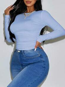 Zolique Women's Casual Everyday Solid Color Long Sleeve Ruched Fitted Cropped T-Shirt, Spring/Autumn - Blue - View 3