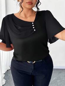 Elenzga Plus Size Asymmetrical Ruffle Collar Button Decor Short Sleeve Elegant Blouse - Black - View 1