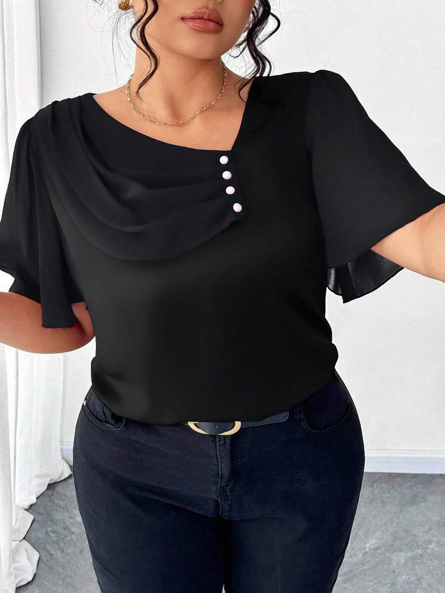 Elenzga Plus Size Asymmetrical Ruffle Collar Button Decor Short Sleeve Elegant Blouse - Black - View 1