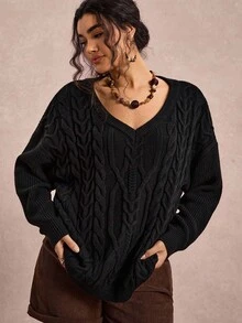 SHEIN VCAY Plus Size Women's Black Autumn Smart Casual V-Neck Cable Knit Sweater,Loose Dropped Shoulder Long Sleeve Pullover For Vacation,Daily Commute Basic - Black - View 5