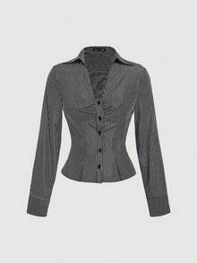 SHEIN MOD Vintage schwarzes Hemd mit V-Ausschnitt, Glockenärmeln und Raffungen - Preppy Stil, 70er Jahre, Lässig, Komfortabel, Pendeln, Old Money Ästhetik, ideal für Schulkleidung, Lehre und Büromode - Schwarz - Übersicht 1