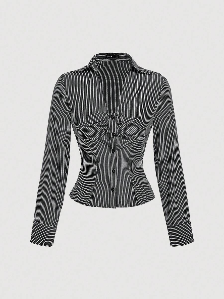 SHEIN MOD Vintage schwarzes Hemd mit V-Ausschnitt, Glockenärmeln und Raffungen - Preppy Stil, 70er Jahre, Lässig, Komfortabel, Pendeln, Old Money Ästhetik, ideal für Schulkleidung, Lehre und Büromode - Schwarz - Übersicht 1