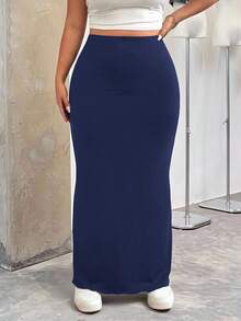 SHEIN EZwear Navy Blue Plus Size Maxi Pencil Skirt Dark Blue Skirt Blue Maxi Skirt - Navy Blue - View 4