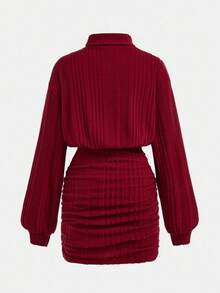 SHEIN Tween Mädchen Rotes geripptes Rollkragen Kleid mit loser Taille, enger Passform an Hüfte und Raffung, lässig-elegantes, vielseitiges Retro-Langarmkleid, kurz, geeignet für Weihnachtsparty, Winter