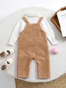 SHEIN Pelele de bebé recién nacido niña lindo y versátil con estampado de dibujos animados de pana, para otoño/invierno - Caqui - Ver 2