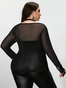 SHEIN CURVE+ 大码透视长袖上衣，万圣节，秋冬 - 黑色 - 查看 2