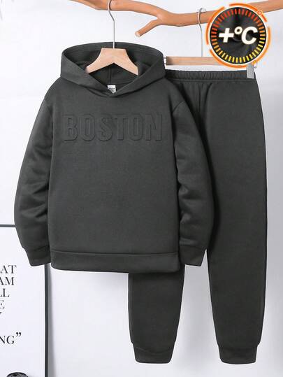 2pcs/Set Kids Tween Boy Casual Embossed Letter Round Neck Loose Hoodie Sweatshirt And Solid Color Loose Knit Pants, Suitable For Commuting, School, Casual, Vacation, Sports, Spring, Summer, Autumn, Winter