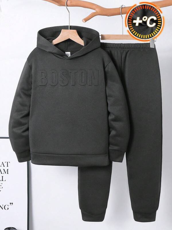 2pcs/Set Kids Tween Boy Casual Embossed Letter Round Neck Loose Hoodie Sweatshirt And Solid Color Loose Knit Pants, Suitable For Commuting, School, Casual, Vacation, Sports, Spring, Summer, Autumn, Winter