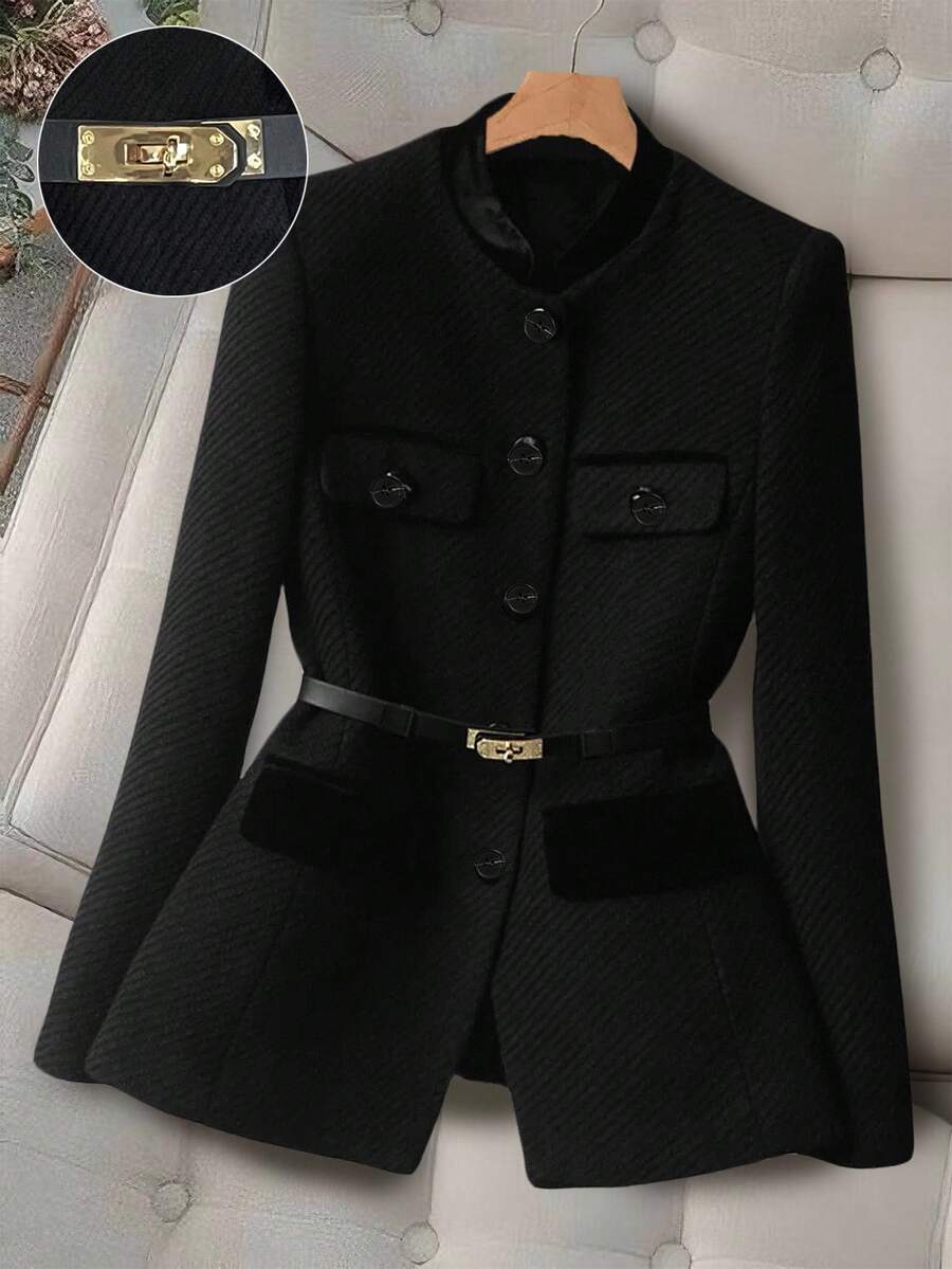 GlowEve CURVE Blazer Lengan Panjang Minimalis Warna Polos Ukuran Besar, Pakaian Sehari-hari untuk Wanita di Musim Gugur - Hitam - View 1