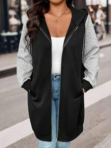 EMERY ROSE Plus Size Women's Hooded Color Blocking Long Jacket, Casual Outerwear Fall Winter Cloth For Women Autumn - Multicolor - View 3