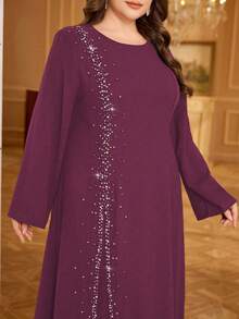 Al Najma Beaded Rhinestone Robe, Long Sleeve Long Dress, Fashion - Red Violet - View 6