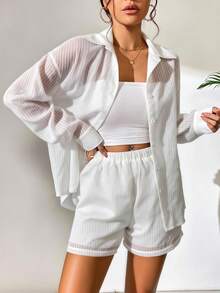 Chiquease 女士白色衬衫和短裤两件套，休闲海滩度假装，夏季 - 白色 - 查看 3