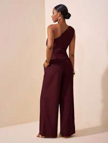 Zivah 2025 Summer New Style Music Festival Easter Mother's Day Wedding Birthday Party Daily Outing Basic And Versatile Leisure Internet Celebrity Hot Style Elegant Commuter Business Casual One-Shoulder Pleated Waist Asymmetrical Hem Women's Top And Straight Pants Khaki Women's Two Pieces Set