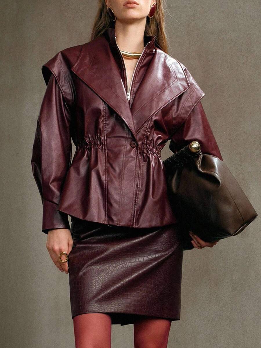 Arave Veste de moto quotidienne pour femmes en tissu PU, avec épaules tombantes, col double couche, grand col cranté, épaulettes matelassées. Veste polyvalente pour le bureau, le club et l'hiver sexy