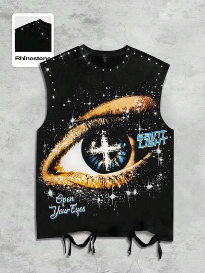 Grunge Punk Débardeur à col rond style punk de rue avec imprimé graphique, design déchiré avec strass pour hommes, été
