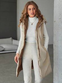 SHEIN Cottnline 女款純色拉鍊連帽襯墊馬甲外套,中長款 - 棕色 - 查看 7