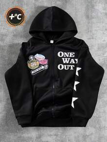 青少年男孩/青少年男孩休闲日常百搭舒适印花图案宽松连帽运动衫 - 黑色 - 查看 6