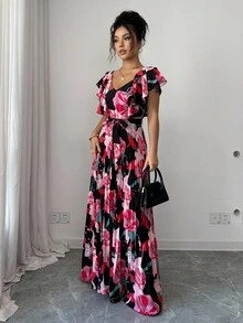 Elenzga Halloween V-Neck Digital Print Vacation Style Ruffle Waist A-Line Elegant Romantic Women Dress - Multicolor - View 3