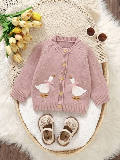 SHEIN Cute Pink Baby/Toddler Girl Cardigan: Round Neck Long Sleeve Duck Embroidery Fashion Jacket Pink Baby Girl Cardigan Baby Girl Sweater With Geese Baby Girl Cardigan Sweater Baby Girl Duck Sweater Baby Girl Goose Sweater Goose Baby Cardigan Fall Winter Baby Girl Cute Sweater Jacket Goose Baby Outfit New Born Cardigans Duck Toddler Clothes Girl
