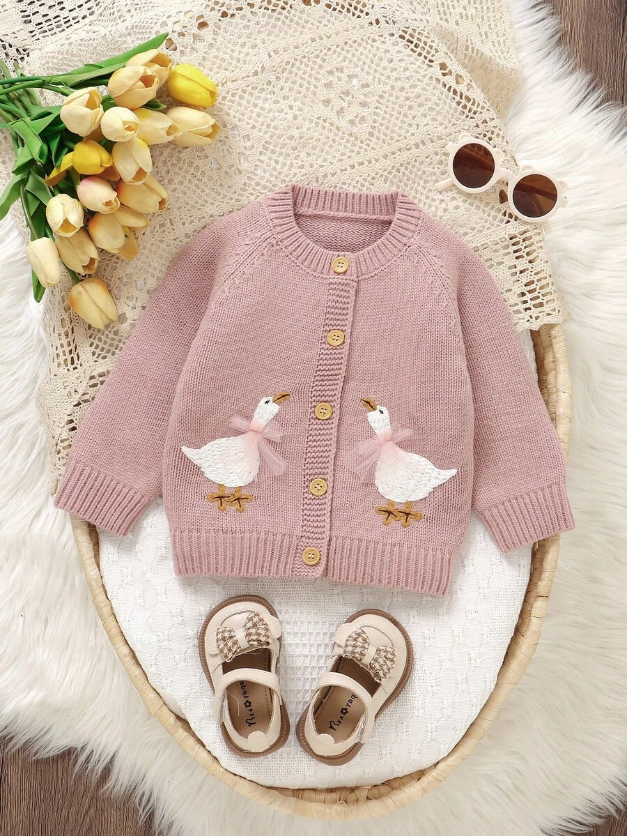 SHEIN Cute Pink Baby/Toddler Girl Cardigan: Round Neck Long Sleeve Duck Embroidery Fashion Jacket Pink Baby Girl Cardigan Baby Girl Sweater With Geese Baby Girl Cardigan Sweater Baby Girl Duck Sweater Baby Girl Goose Sweater Goose Baby Cardigan Fall Winter Baby Girl Cute Sweater Jacket Goose Baby Outfit New Born Cardigans Duck Toddler Clothes Girl