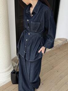 Livesso Women's Cotton Turn-Down Collar Long Sleeve Navy Blue Button-Up Denim Shirt With Wide Leg Pants Outfit Autumn Everyday Casual Streetwear - Navy Blue - View 4