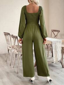 SHEIN 孕妇连体裤，长袖，方领，前后抽绳腰部，口袋，宽松版型 - 軍綠色 - 查看 2