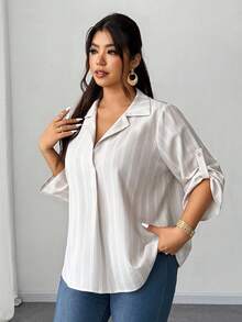 Elenzga Chemise décontractée à rayures abricot grande taille, polyvalente, à la mode et élégante