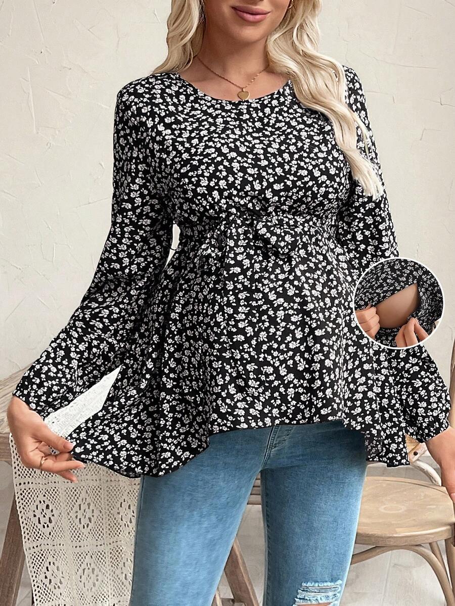 SHEIN Nursing Top, Long Sleeve, Round Neck, Left & Right Zipper On Chest, Waist Tie Bow, Asymmetrical Hem, Printed Design