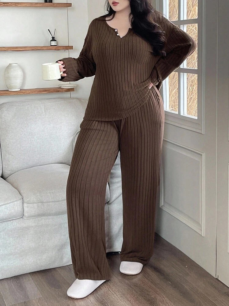 Dazy Plus 2pcs Plus Size Women Loose Casual Pajama Set, Top And Pants, Fall Winter Clothes, Cozy Outfit