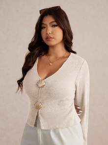 Elaquor Plus Size Women Casual Basic Versatile Urban Chic Metal Buckle Decor Elastic Ribbed V-Neck Solid Color Long Sleeve T-Shirt, Autumn - Apricot - View 6