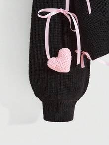 ROMWE Kawaii Plus Size Autumn/Winter Cute Heart Shaped Ribbon Decor Knitted Cardigan - Black - View 4