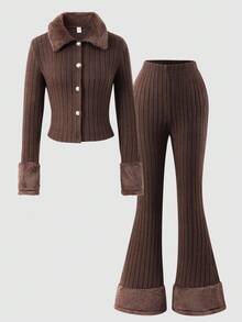 SHEIN Sparklyn 2pcs Vintage Casual Set: Fitted Striped Lapel Fuzzy Long Sleeve Button-Up Cardigan Top And Solid Color Flare Pants For Teen Girls, Fall, Fall Outfits - Brown - View 4