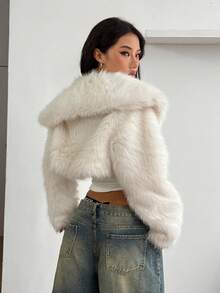 Coolane 女士秋冬街头风 Y2K 日常装 简约约会夜 休闲复古风 温暖毛茸茸的白色翻领宽松短款人造皮草大衣 - 白色 - 查看 5