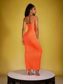 Zyxie Women Sexy Solid Color Bodycon Maxi Slip Dress - Orange - View 2