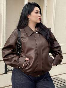 Dazy Plus 大码女式纯色PU皮革翻领宽松机车夹克，秋冬女式外套 - 棕色 - 查看 7