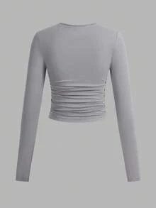 SHEIN EZwear 3件套女士休闲纯色圆领褶皱长袖T恤，黑色、灰色、酒红色，秋冬 - 彩色 - 查看 5