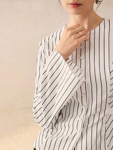 Cévolie 女式复古法式条纹圆领收腰长袖衬衫，秋冬
