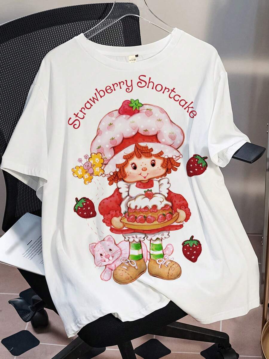 Strawberry Shortcake X SHEIN 大码卡通肖像和字母印花短袖 T 恤 - 白色 - 查看 1