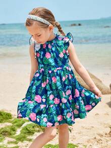 Joliand Joliand 1pc Young Girl Urban Elegant Green Leaf & Pink Floral Print Ruffle Hem Loose Sleeveless Dress,Navy Blue,Summer,Beach,Holiday For Casual,Party,Wedding - Multicolor - View 9