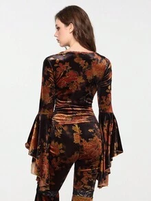 ROMWE EDITION Damen Vintage Blumen Allover-Muster Kontrast Spitze Glockenärmel V-Ausschnitt figurbetontes Samt Top, Halloween Hexen Thema, Herbst/Winter - Verschiedenfarbig - Übersicht 9