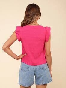 Coeurva Ladies' Solid Color Texture Fabric Ruffle Decorated Square Neckline Shirt Summer Clothes - Hot Pink - View 5