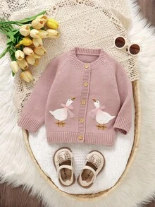 SHEIN Cute Pink Baby/Toddler Girl Cardigan: Round Neck Long Sleeve Duck Embroidery Fashion Jacket Pink Baby Girl Cardigan Baby Girl Sweater With Geese Baby Girl Cardigan Sweater Baby Girl Duck Sweater Baby Girl Goose Sweater Goose Baby Cardigan Fall Winter Baby Girl Cute Sweater Jacket Goose Baby Outfit New Born Cardigans Duck Toddler Clothes Girl