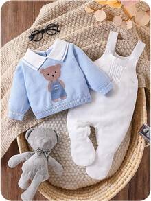 SHEIN Baby Boy Cartoon Bear Sweater Top + Sweater Overalls, Knitted One-Piece Jumpsuit, Fashionable And Cute For Autumn/Winter Traveling, Shopping At Home Fall - Baby Blue - View 8