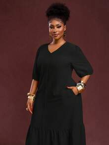 Slaydiva 2025 新款春夏大码女式复古西部度假/早午餐装，音乐节/俱乐部/公路旅行/度假/休闲/城市度假/毕业典礼，女士优雅装扮，休闲宽松黄色纹理泡泡格纹 V 领泡泡袖 H 字形荷叶边下摆长裙 - 黑色 - 查看 7